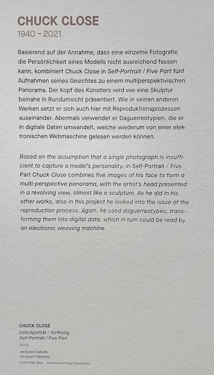 Beschreibung der Albertina modern zu Chuck Close und seinem kunstvollen Porträt-Wandteppich