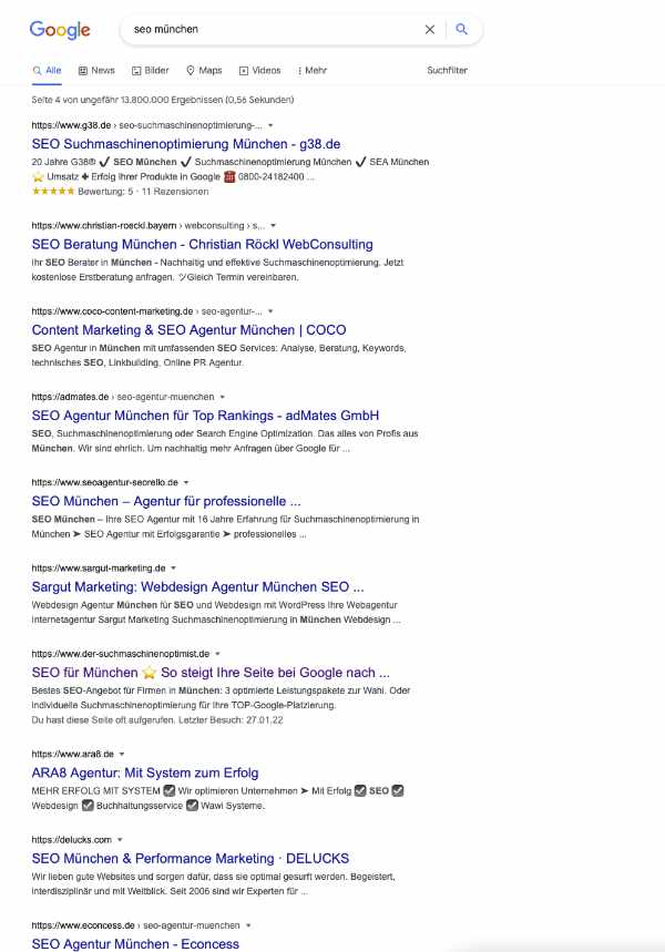 Ein Auslaufmodell: Die bisherigen, textbasierten Suchergebnisseiten bei Google – ein Screenshot