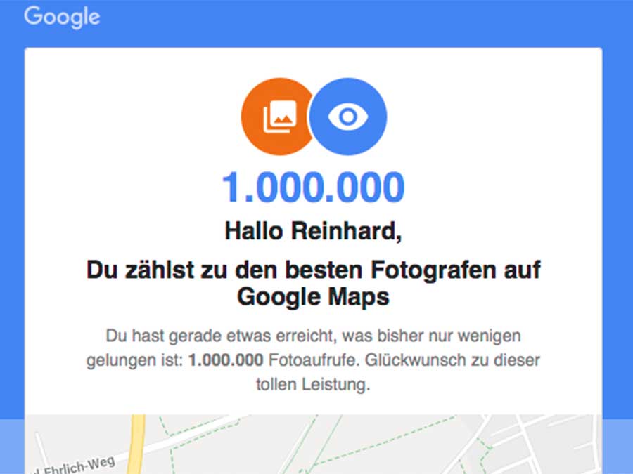 Eine Million Fotoaufrufe für Reinhard Mohr, SEO in München. Google hat‘s bestätigt mit dieser Badge.